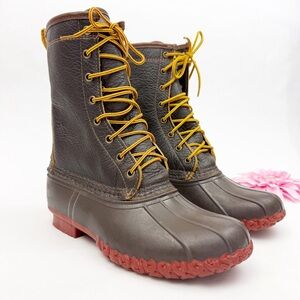 LL Bean 10" Bison Leather Shearling Lined Lace Up Duck Boots Brown W/Brick Sole